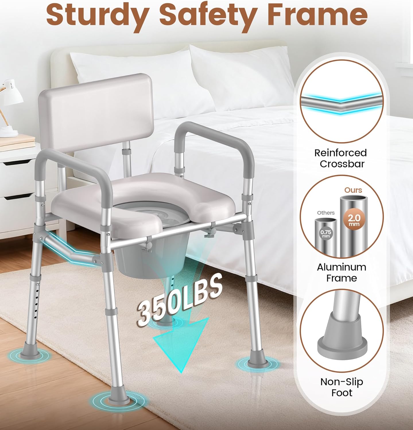 SOUNDFUSE Bedside Commode Chair with Padded Seat and Backrest, Aluminum Dual-Crossbar, Height Adjustable, Portable Toilet for Seniors and Adults, Potty Bucket and Splash Guard, 350 lbs Weight Capacity